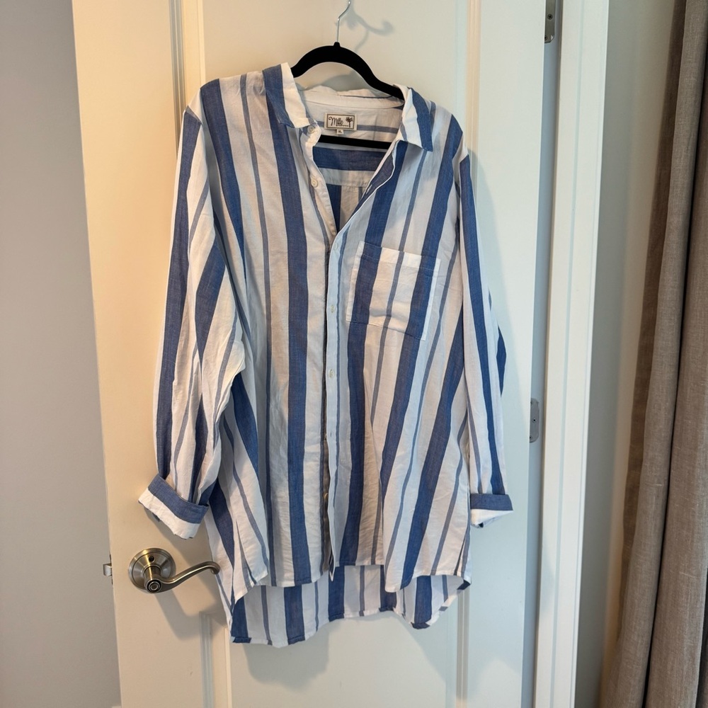 Mille Cotton Blue and White Striped Button-Up Shirt | XL
